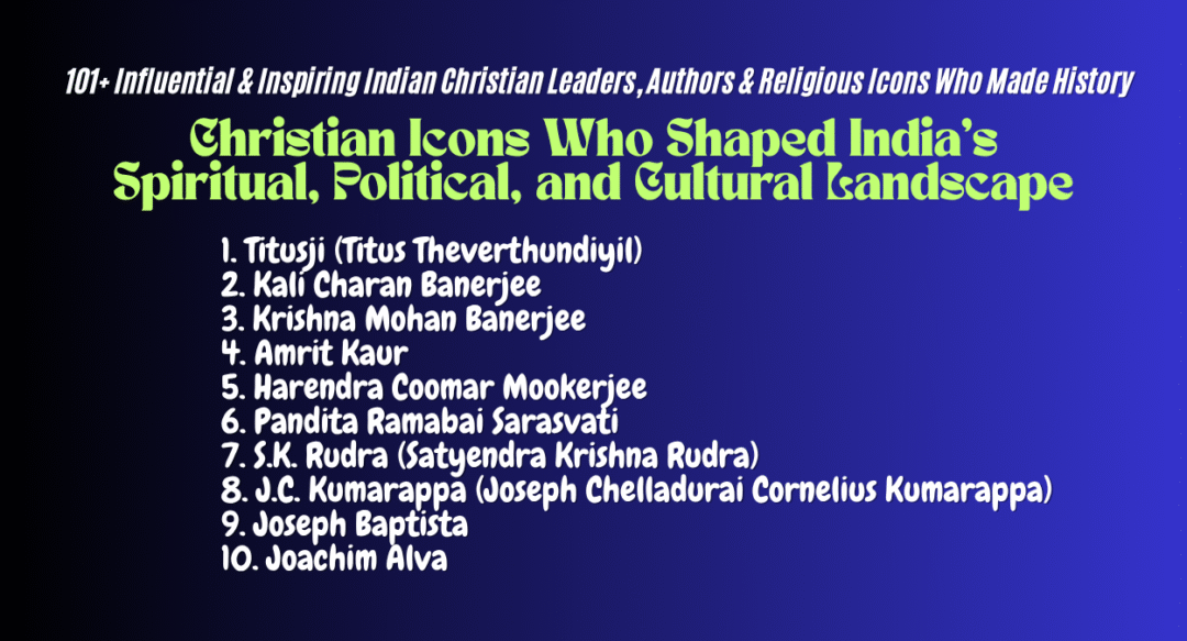 Indian Christian leaders, famous Indian Christians, Christian authors in India, Christian politicians, Indian saints, Indian Christian evangelists, Christian history in India